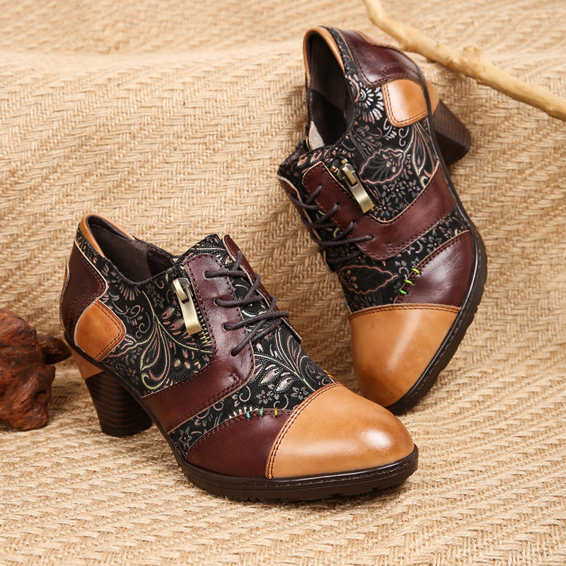 Women's Genuine Leather Heels with Floral Patchwork Panels