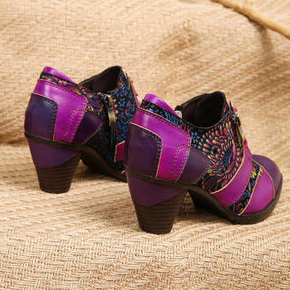 Women's Genuine Leather Heels with Floral Patchwork Panels