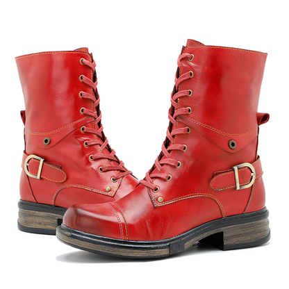 Women’s Genuine Leather Lace-Up Boots with Low Heel