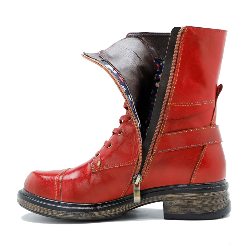 Women’s Genuine Leather Lace-Up Boots with Low Heel