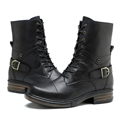Women’s Genuine Leather Lace-Up Boots with Low Heel