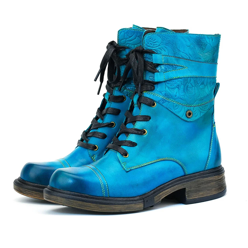 Women’s Genuine Leather Lace-Up Boots with Low Heel