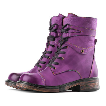 Women’s Genuine Leather Lace-Up Boots with Low Heel