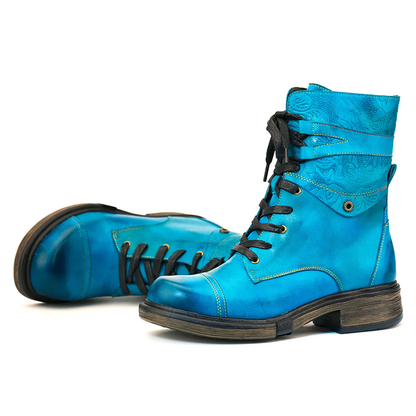 Women’s Genuine Leather Lace-Up Boots with Low Heel