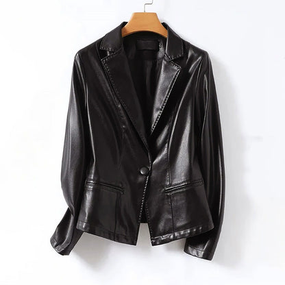 Women’s Genuine Leather One-Button Blazer Jacket
