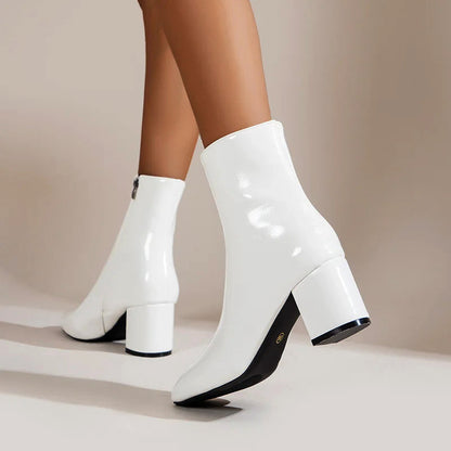 Women’s Glossy Ankle Boots with Side Zipper and Block Heel