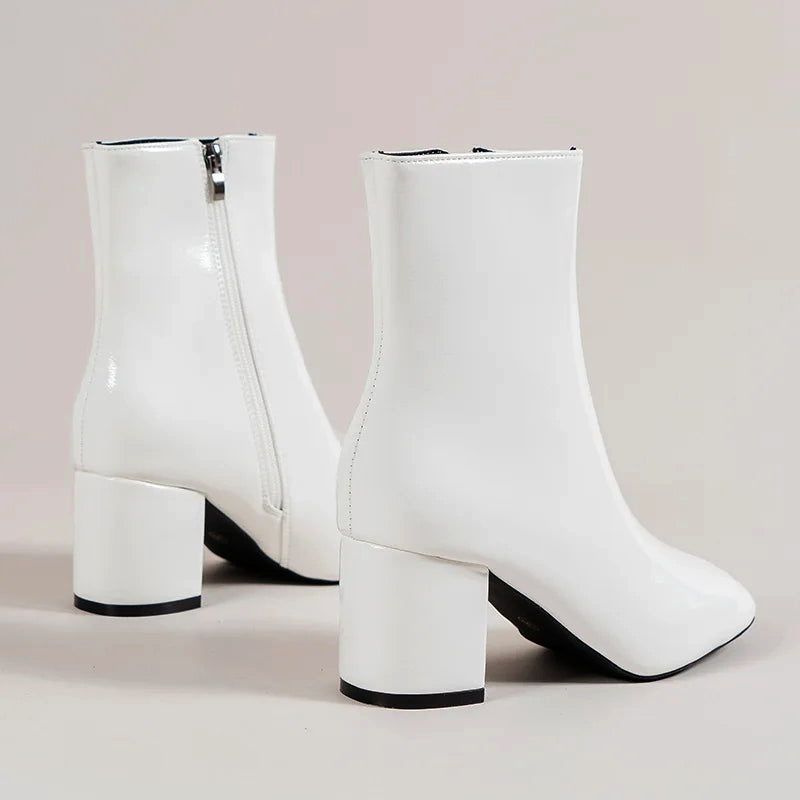Women’s Glossy Ankle Boots with Side Zipper and Block Heel