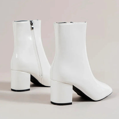 Women’s Glossy Ankle Boots with Side Zipper and Block Heel