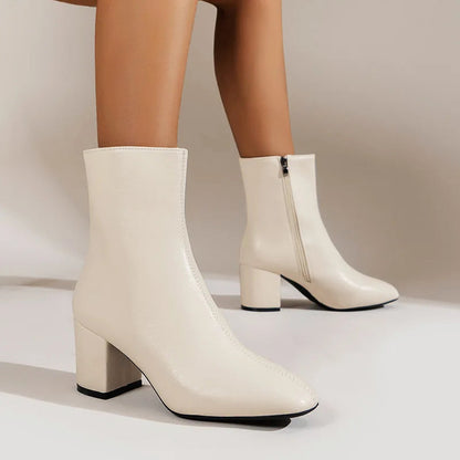 Women’s Glossy Ankle Boots with Side Zipper and Block Heel