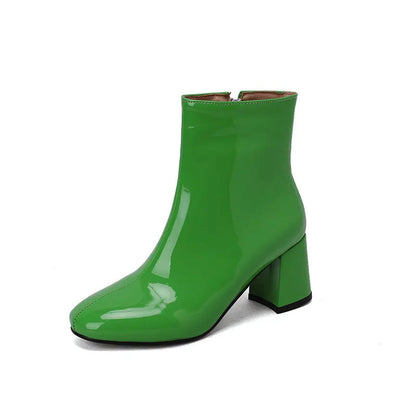 Women’s Glossy Leather Ankle Boots with Block Heel
