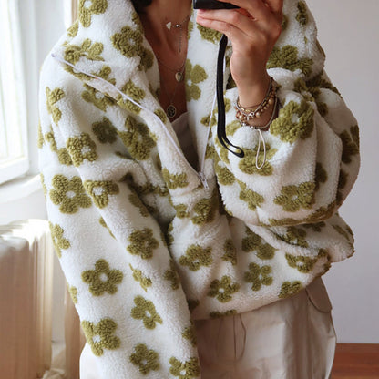 Women’s Half-Zip Fleece Sweatshirt with Floral Pattern