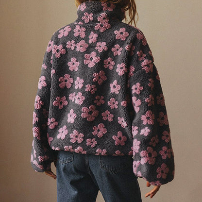 Women’s Half-Zip Fleece Sweatshirt with Floral Pattern
