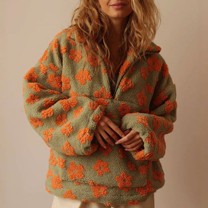 Women’s Half-Zip Fleece Sweatshirt with Floral Pattern