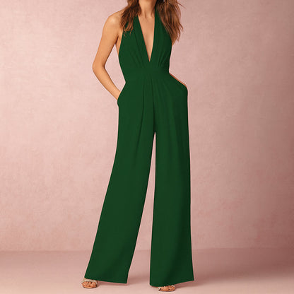 Women’s Halter Evening Jumpsuit with Deep V-Neckline