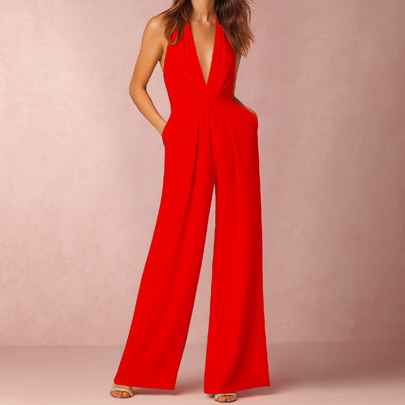 Women’s Halter Evening Jumpsuit with Deep V-Neckline