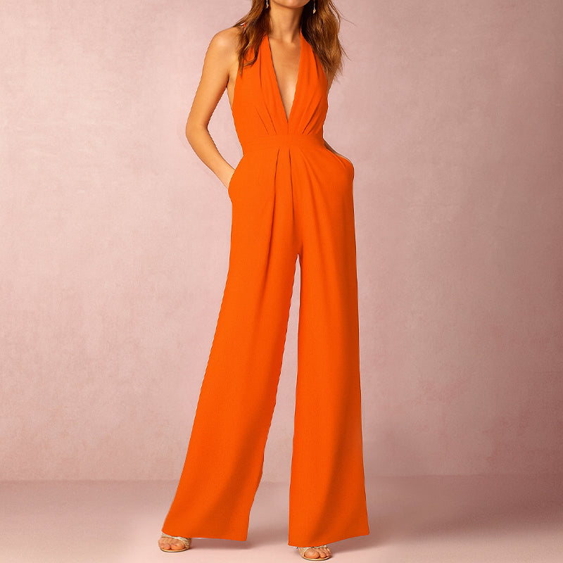 Women’s Halter Evening Jumpsuit with Deep V-Neckline