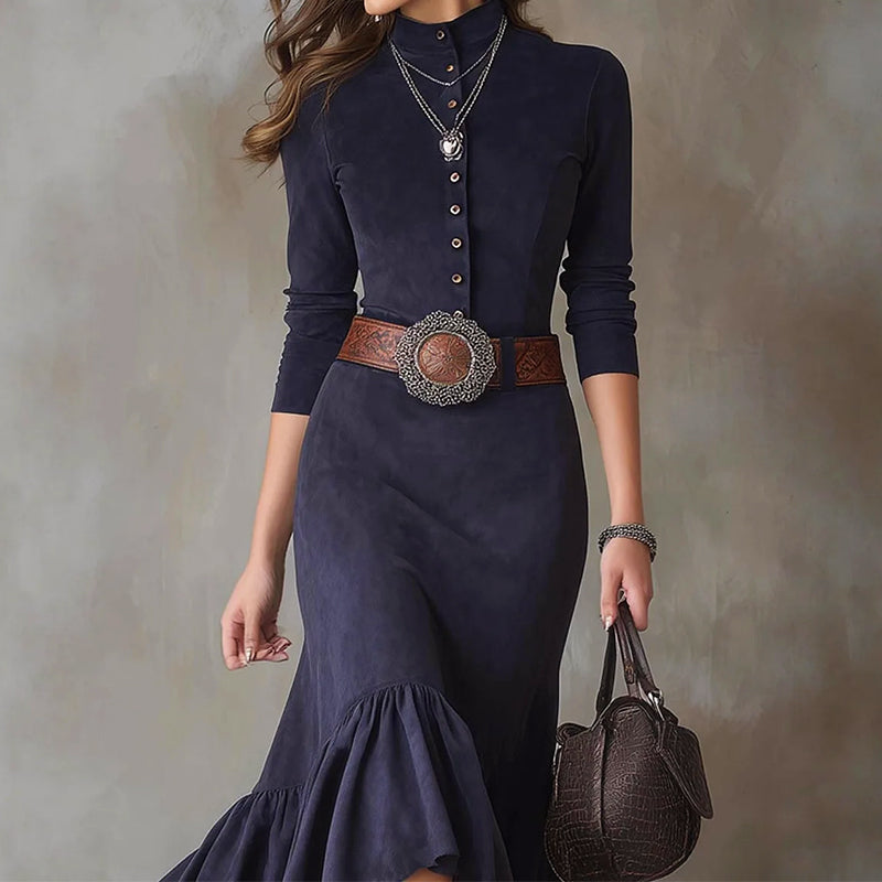 Women’s High-Collar Maxi Dress with Flared Hem