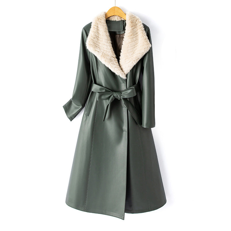 Women’s Long Faux Leather Coat with Down Lining