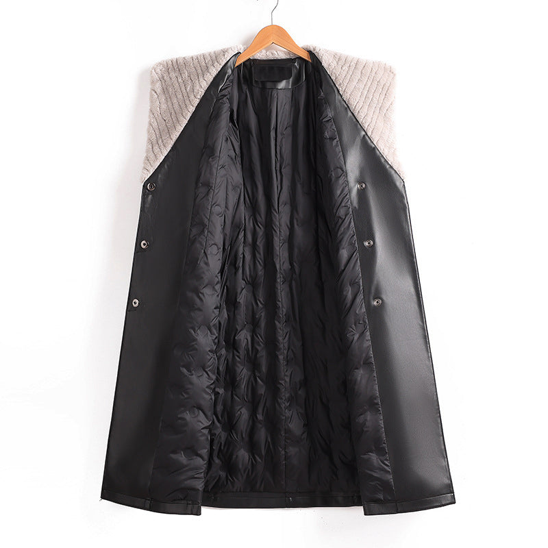 Women’s Long Faux Leather Coat with Down Lining