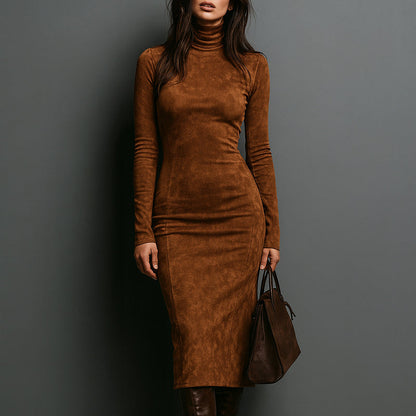 Women’s Long-Sleeve Suede Midi Dress with Turtleneck