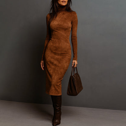 Women’s Long-Sleeve Suede Midi Dress with Turtleneck