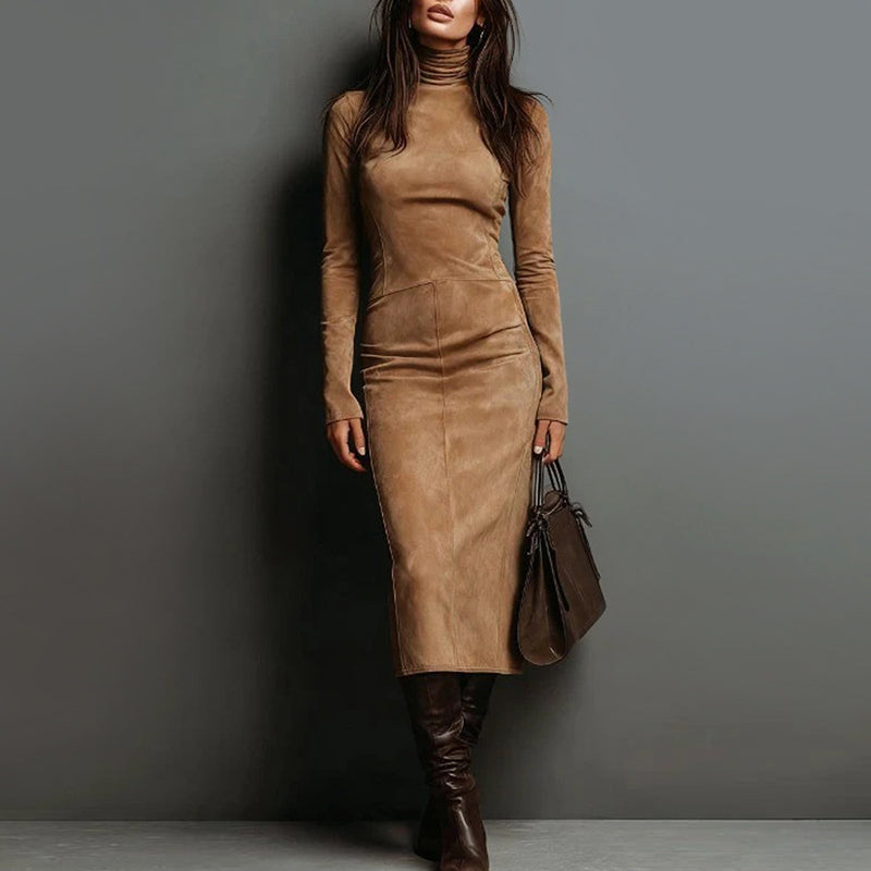 Women’s Long-Sleeve Suede Midi Dress with Turtleneck