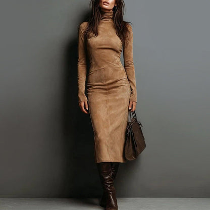 Women’s Long-Sleeve Suede Midi Dress with Turtleneck