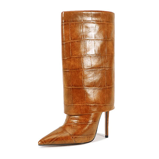 Women’s Mid-Calf Stiletto Boots with Croc Print