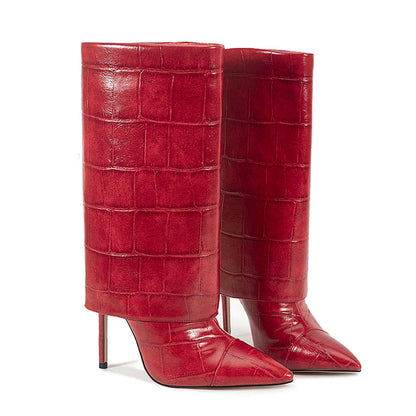 Women’s Mid-Calf Stiletto Boots with Croc Print
