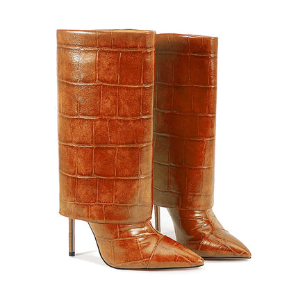 Women’s Mid-Calf Stiletto Boots with Croc Print