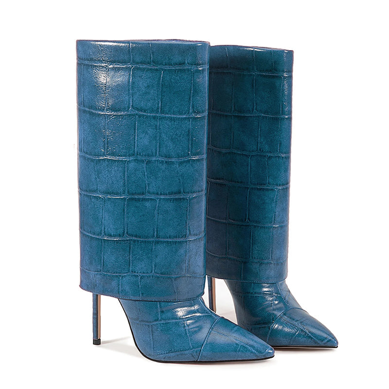 Women’s Mid-Calf Stiletto Boots with Croc Print