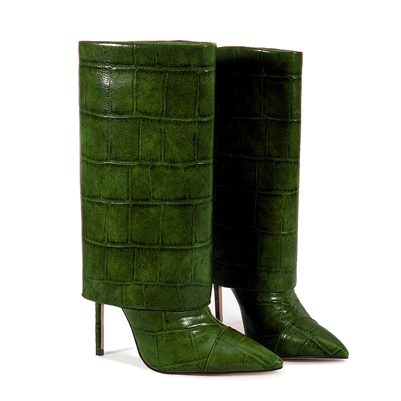 Women’s Mid-Calf Stiletto Boots with Croc Print