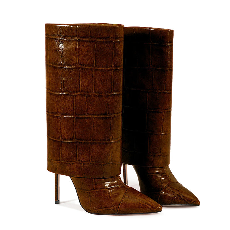 Women’s Mid-Calf Stiletto Boots with Croc Print