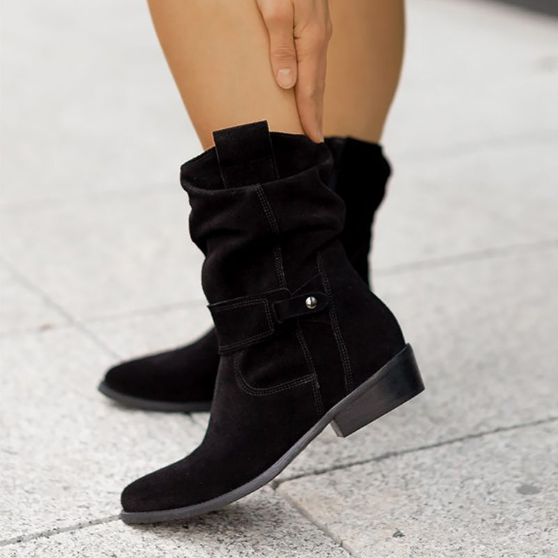 Women’s Mid-Calf Suede Slouch Boots with Low Heel