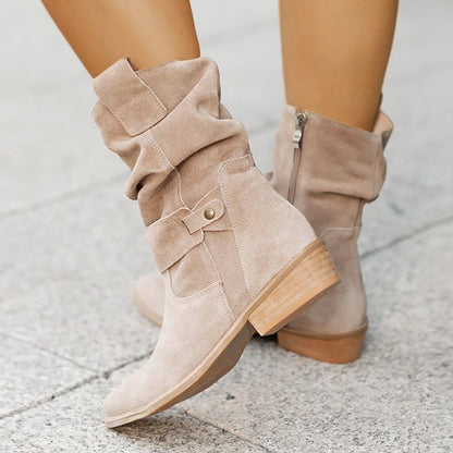 Women’s Mid-Calf Suede Slouch Boots with Low Heel