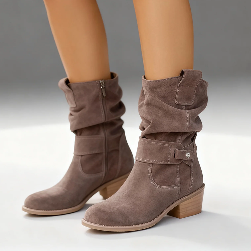 Women’s Mid-Calf Suede Slouch Boots with Low Heel