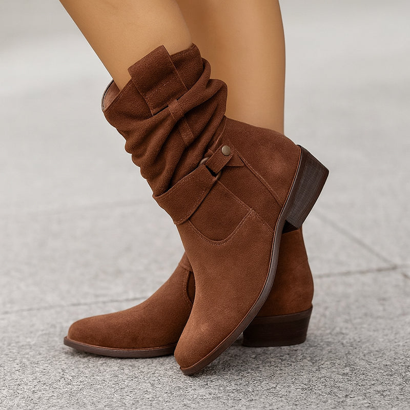 Women’s Mid-Calf Suede Slouch Boots with Low Heel