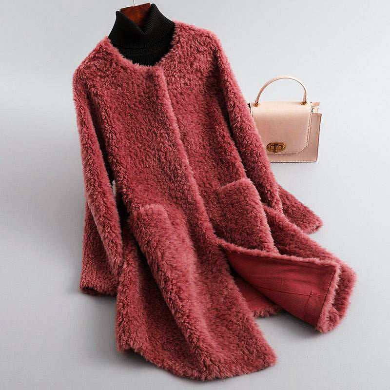 Women’s Mid-Length Faux Shearling Coat with Hidden Buttons