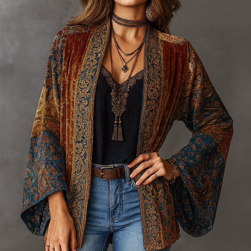 Women’s Open Velvet Cardigan with Boho Pattern