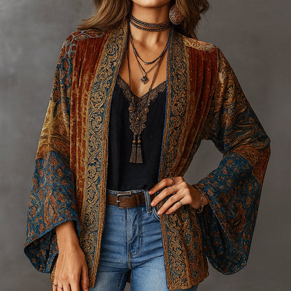 Women’s Open Velvet Cardigan with Boho Pattern