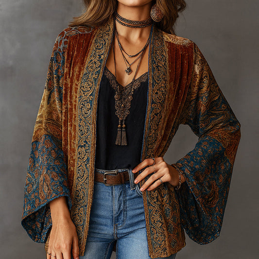 Women’s Open Velvet Cardigan with Boho Pattern