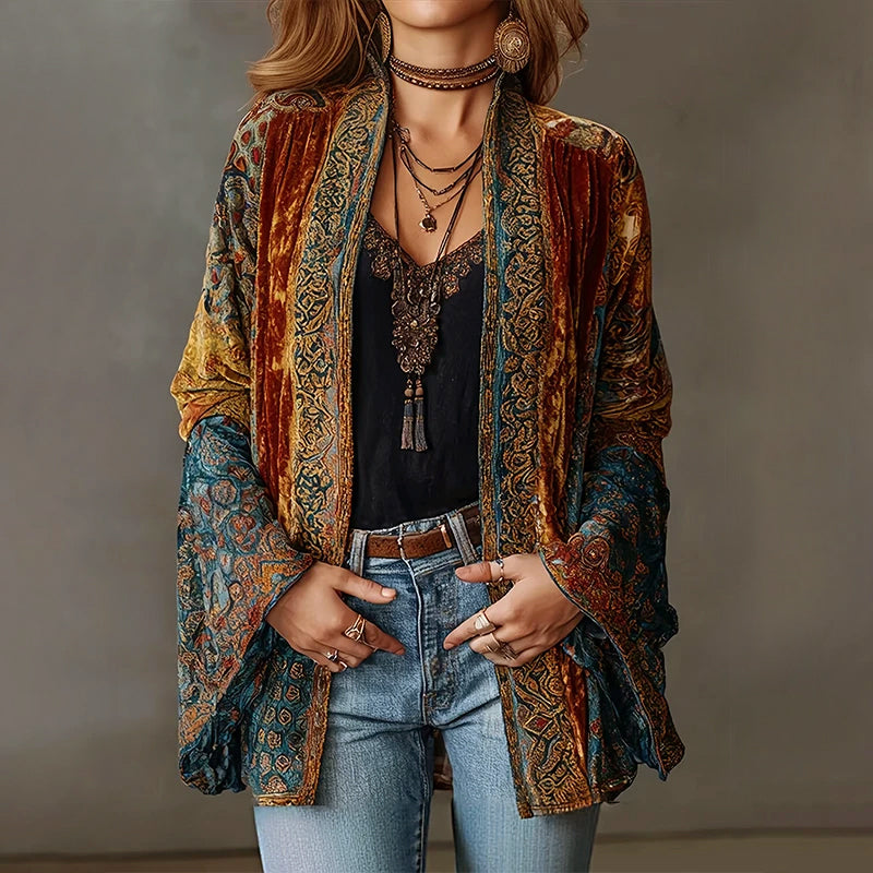 Women’s Open Velvet Cardigan with Boho Pattern