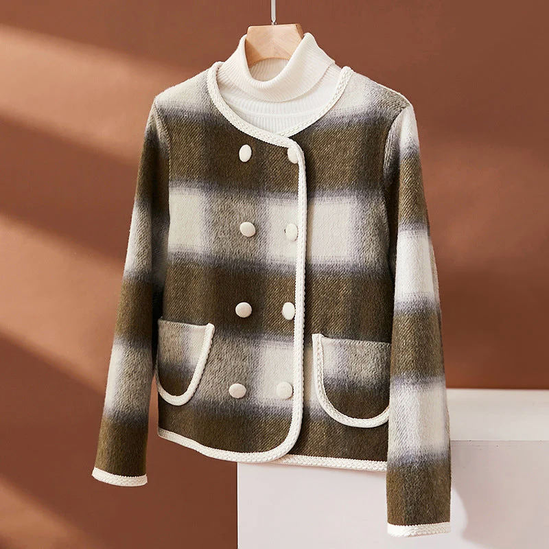 Women’s Plaid Wool Blend Jacket with Contrast Trim