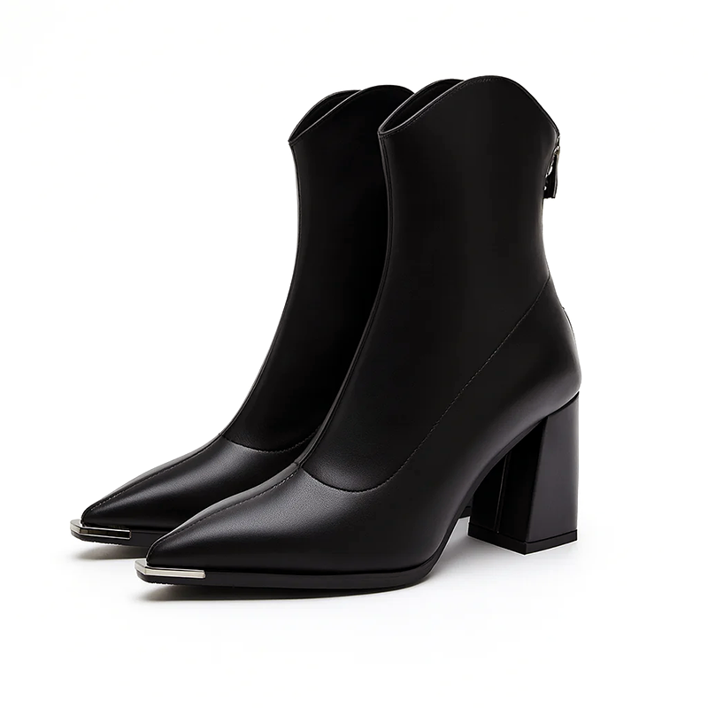 Women’s Pointed-Toe Ankle Leather Boots with Metal Tip