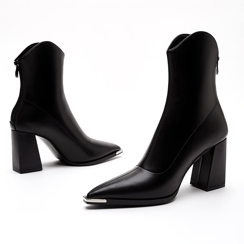 Women’s Pointed-Toe Ankle Leather Boots with Metal Tip
