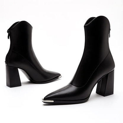 Women’s Pointed-Toe Ankle Leather Boots with Metal Tip