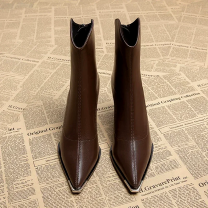 Women’s Pointed-Toe Ankle Leather Boots with Metal Tip