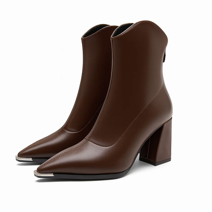 Women’s Pointed-Toe Ankle Leather Boots with Metal Tip