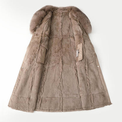 Women’s Vintage-Inspired Full-Length Coat with Faux Fur Trim