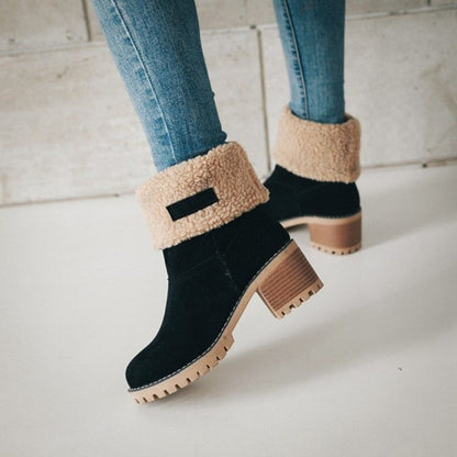 Women’s Winter Boots with Fold-Over Cuff and Chunky Heel